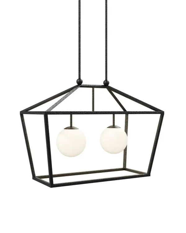 The Denison lantern combines modern architectural design with outdoor durability. Its clean-lined wrought iron frame and frosted glass globes create sophisticated illumination for covered outdoor spaces.