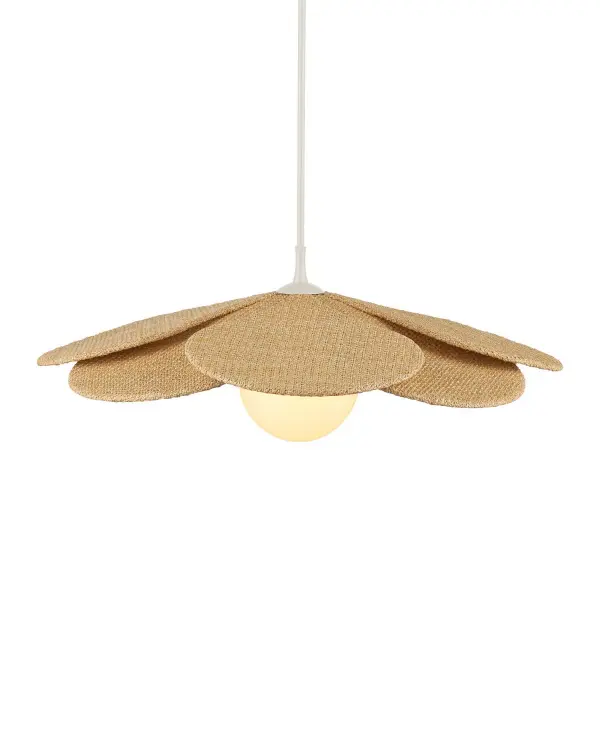 The Cabo Petal brings organic elegance to outdoor spaces with its handwoven synthetic abaca shade shaped like flower petals. The glass globe ensures even illumination while the cream powder-coated hardware complements the natural tones.