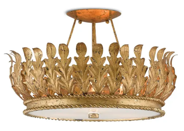 The Biddulph brings sophisticated traditional styling with hand-crafted wrought iron acanthus leaves in gold leaf finish. Part of the Bunny Williams Collection, it balances ornate detailing with practical semi-flush mounting for lower ceilings.