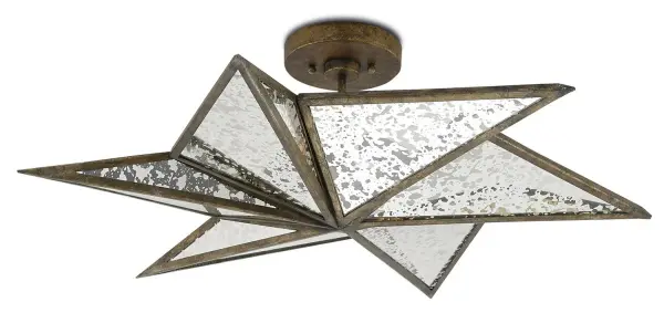 The Stargazer combines wrought iron craftsmanship with slanted raj mirror panels for a fixture that reflects light beautifully whether on or off. Its distinctive geometric shape and bronze finish make it a statement piece for transitional to contemporary spaces.