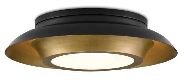 The Metaphor Flush Mount combines antique brass, black, and white finishes in a sophisticated mid-century design. Its low 5-inch profile and frosted glass diffuser provide even illumination for rooms with standard ceiling heights.