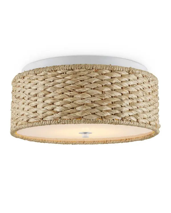 The Colchester brings natural texture and soft illumination to compact spaces. Its densely woven raffia creates ambient light that filters through the weave while the white acrylic diffuser ensures even distribution.