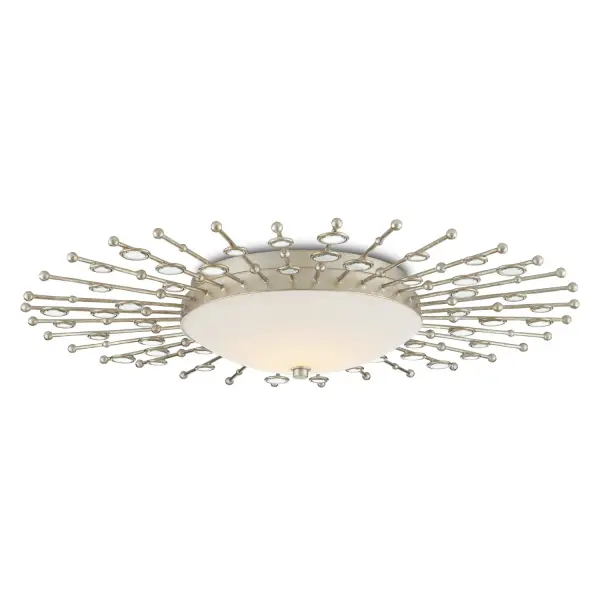 A sophisticated ceiling fixture that combines mid-century modern aesthetics with contemporary LED technology. The beveled frosted glass circlets and silver leaf finish create a celestial design perfect for low-ceiling spaces.