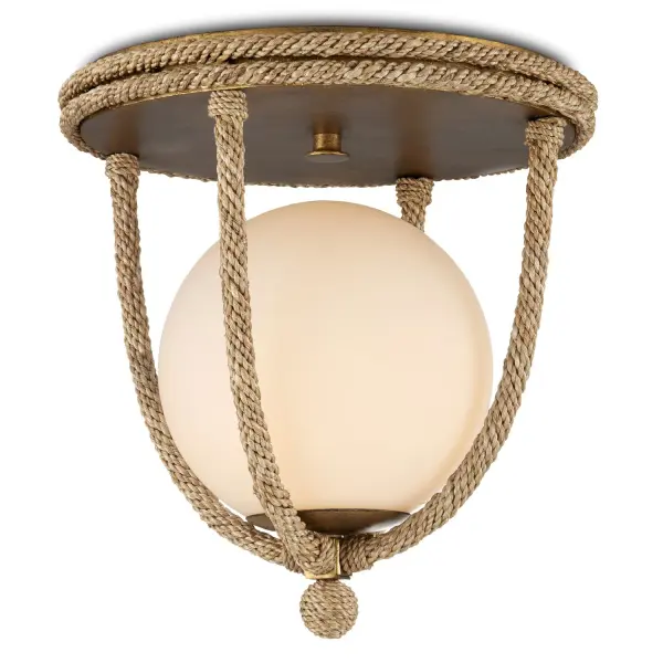This distinctive flush mount combines natural abaca rope wrapping with dorado gold accents and a frosted glass globe. The removable arm design makes bulb changes effortless, while the organic materials bring warmth to any space.
