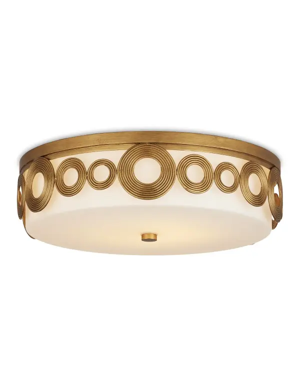 The Gyges Flush Mount brings decorative elegance to low-ceiling spaces with its Indian jewelry-inspired brass detailing and opaque white glass shade. The integrated LED provides energy-efficient, warm illumination perfect for intimate rooms.