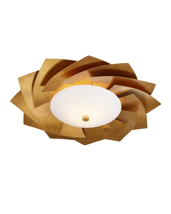 A striking contemporary flush mount featuring layered metal sheets arranged in a distinctive fanned pattern. The gold leaf finish adds warmth while the integrated LED provides energy-efficient illumination for low-ceiling spaces.