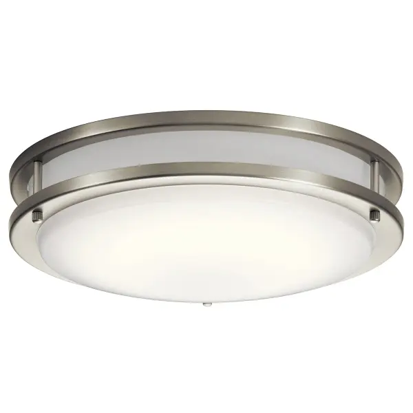 The Avon flush mount delivers 1900 lumens of warm 3000K LED light in a compact 14.25" profile. Brushed nickel finish and dimmable integrated LED make it ideal for low-ceiling spaces requiring efficient, maintenance-free lighting.
