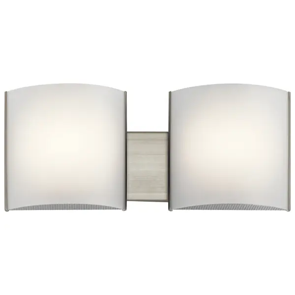 This sleek two-light LED vanity fixture delivers bright, even illumination with integrated LED technology. The brushed nickel finish and white acrylic diffuser create a modern aesthetic that complements contemporary bathrooms.