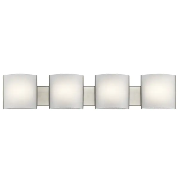 This contemporary 4-light LED bath fixture delivers bright, even illumination with 3540 lumens across a generous 40.75-inch span. The brushed nickel finish and white acrylic diffuser create a clean, modern aesthetic perfect for master baths.