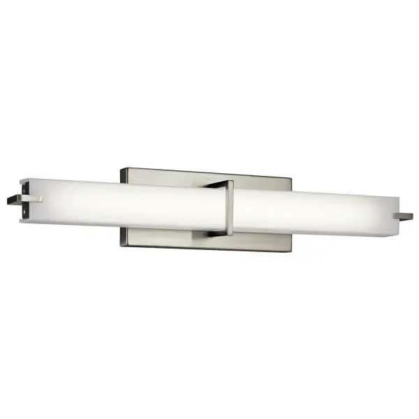 A practical and efficient LED vanity light that delivers bright, clean illumination with minimal energy use. The brushed nickel finish and white acrylic diffuser create a crisp, contemporary look that works in various bathroom styles.