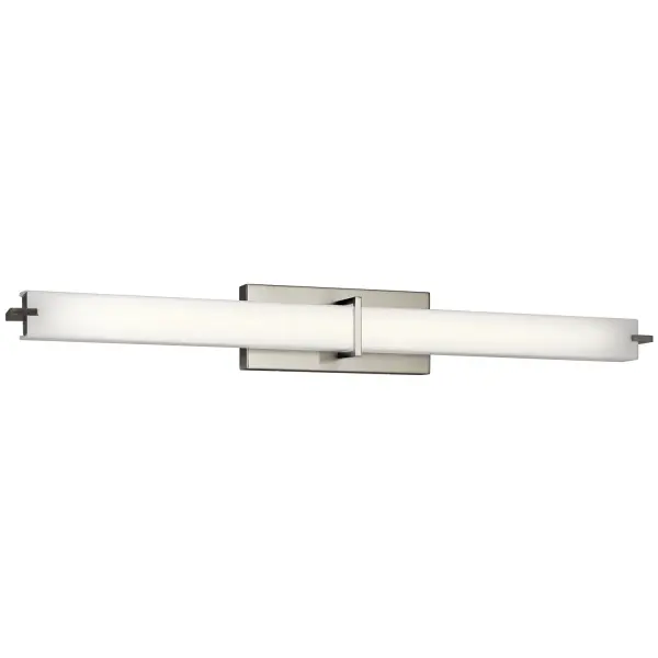 A sleek 38-inch linear fixture that delivers bright, energy-efficient lighting with exceptional versatility. The brushed nickel finish and white acrylic diffuser create a crisp, contemporary look while the horizontal or vertical mounting options make it adaptable to various bathroom layouts.
