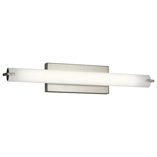 A sleek 26-inch linear fixture that delivers bright, energy-efficient lighting with exceptional versatility. The brushed nickel finish and white acrylic diffuser create a crisp, contemporary look while the horizontal or vertical mounting options make it adaptable to any bathroom layout.