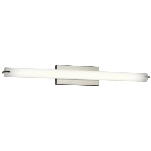A sleek 38-inch linear fixture that delivers bright, energy-efficient lighting with exceptional versatility. The brushed nickel finish and white acrylic diffuser create a crisp, contemporary look while the integrated LED provides 1890 lumens of warm white light. Horizontal or vertical mounting options make it adaptable to various bathroom layouts.