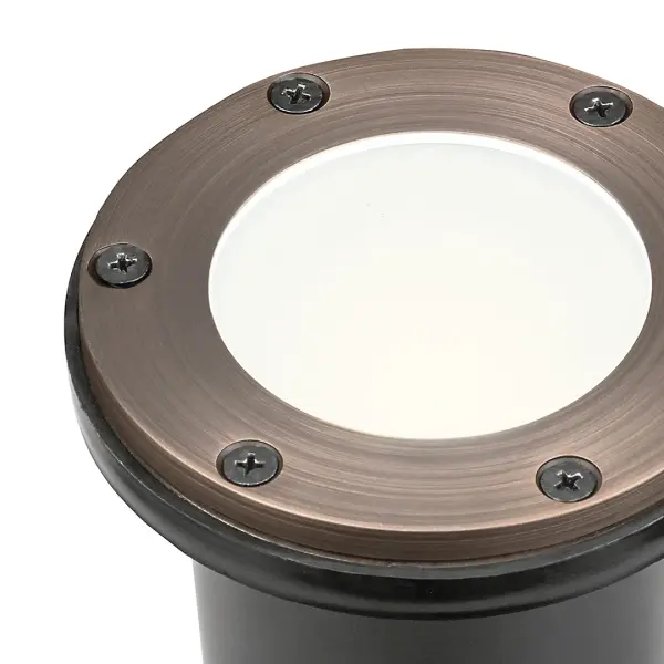 This compact in-ground accent light features solid brass construction with a Centennial Brass finish. Designed for wet locations, it provides reliable 12V landscape illumination for pathways, gardens, and architectural features. - alternate view