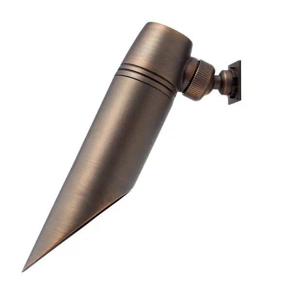 This compact 12V landscape downlight features a timeless Centennial Brass finish, perfect for highlighting architectural features, pathways, and garden elements with warm, focused illumination.