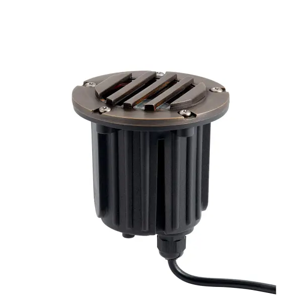 This compact 12V in-ground accent light delivers focused illumination with a sophisticated Centennial Brass finish. Wet-rated for durability, it's ideal for uplighting trees, architectural features, or garden focal points.