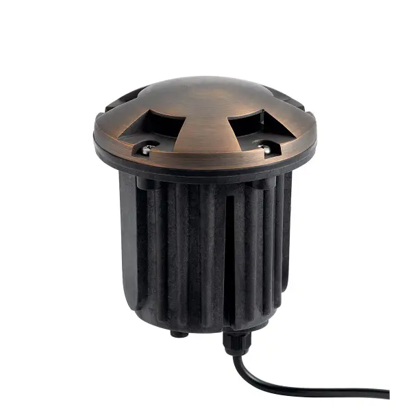 This compact in-ground accent light features traditional Centennial Brass finish, perfect for highlighting landscape features, pathways, and architectural elements with warm, focused illumination.