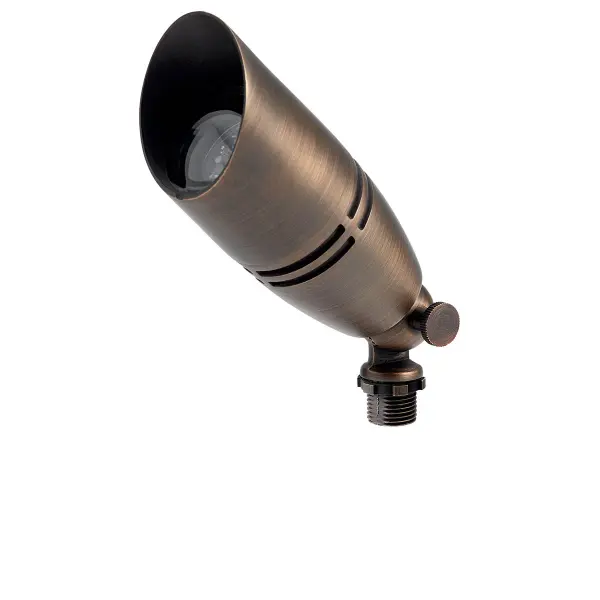 This compact 12V landscape spotlight delivers focused illumination for architectural features, plants, and pathways. The Centennial Brass finish adds warmth while the wet-rated construction ensures durability.
