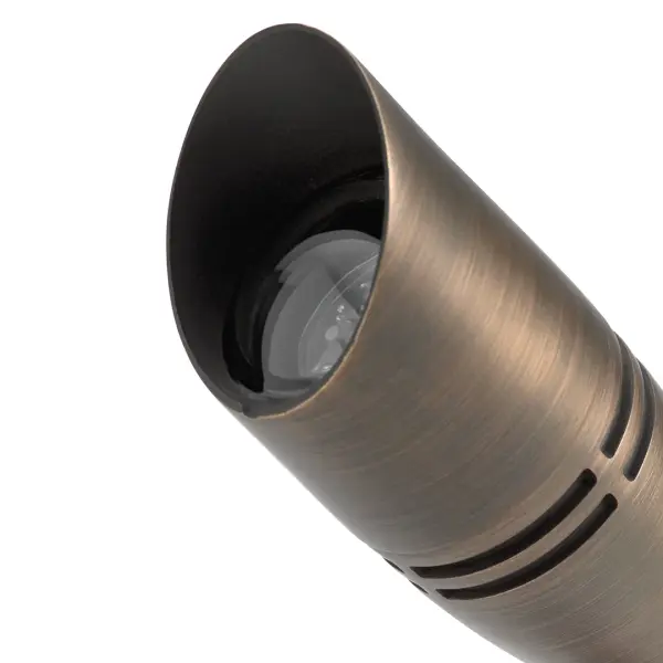 This compact 12V landscape spotlight delivers focused illumination for architectural features, plants, and pathways. The Centennial Brass finish adds warmth while the wet-rated construction ensures durability. - alternate view