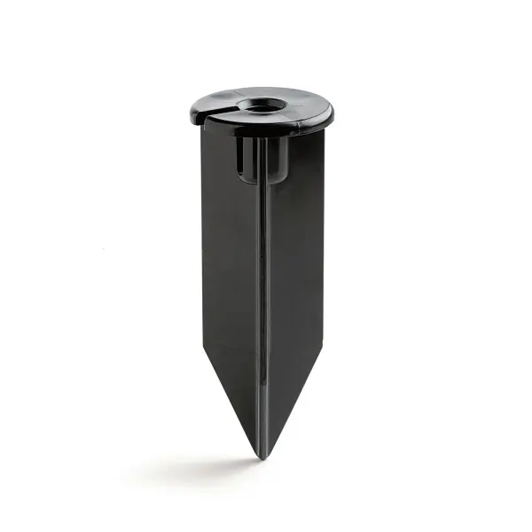 Durable black metal stake designed for secure installation of low-voltage landscape lighting fixtures. Provides stable mounting solution for outdoor lighting applications with weather-resistant construction.