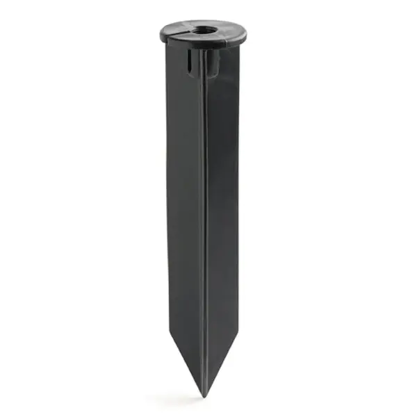 Durable black metal stake designed for secure installation of low-voltage landscape lighting fixtures. Provides stable ground mounting for pathway lights, spotlights, and accent fixtures in outdoor settings.