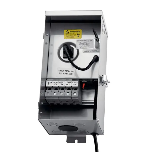 Durable stainless steel transformer designed for outdoor landscape lighting systems. Wet-rated construction ensures reliable performance in all weather conditions. Ideal for contractors and homeowners managing low-voltage lighting.
