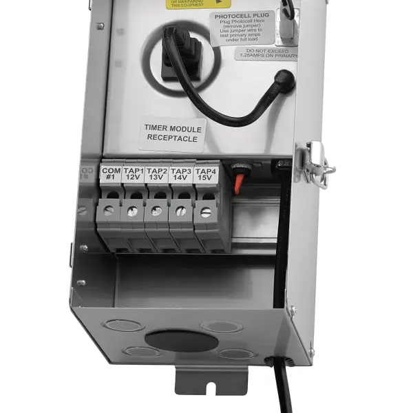 Durable stainless steel transformer designed for outdoor landscape lighting systems. Wet-rated construction ensures reliable performance in all weather conditions. Ideal for contractors and homeowners managing low-voltage lighting. - alternate view