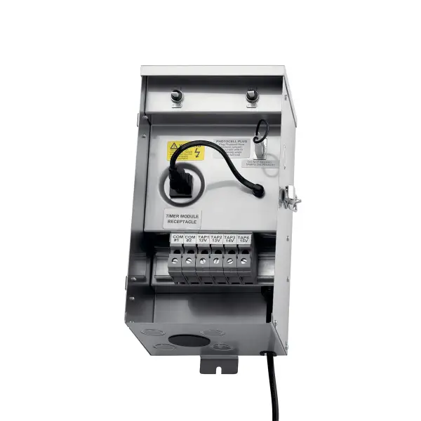 Heavy-duty stainless steel transformer designed for contractors and landscape professionals. Delivers reliable 600W power capacity for comprehensive outdoor lighting systems with weather-resistant construction.