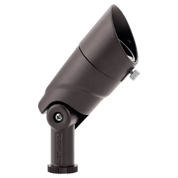 Compact 5.5W LED flood light delivers 300 lumens with warm 2700K color temperature. Wet-rated bronze fixture ideal for uplighting trees, walls, and architectural features with 35-degree beam spread.