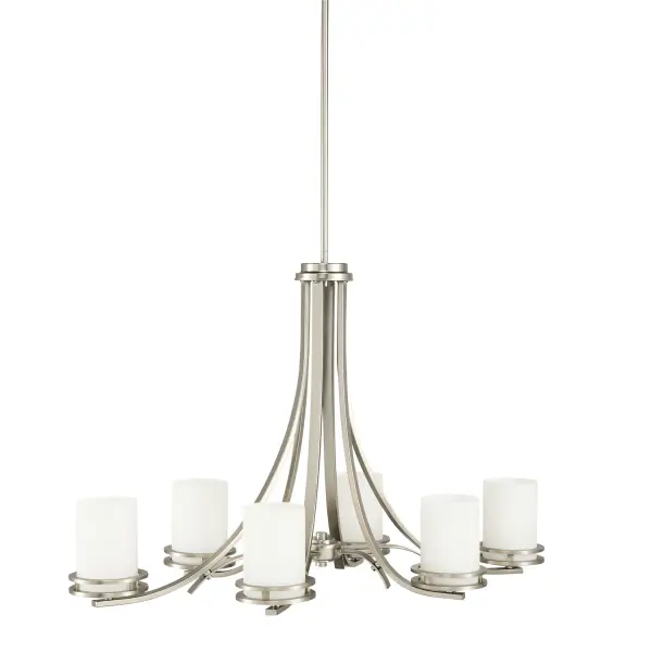 The Hendrik chandelier bridges traditional and modern aesthetics with its elongated oval form and brushed nickel finish. Six lights with satin etched glass provide warm, diffused illumination perfect for dining spaces.