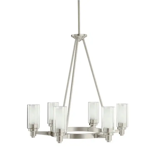 The Circolo Chandelier combines transitional styling with clear glass shades and brushed nickel finish. At 26 inches in diameter, it provides substantial presence while maintaining versatility across various interior styles.