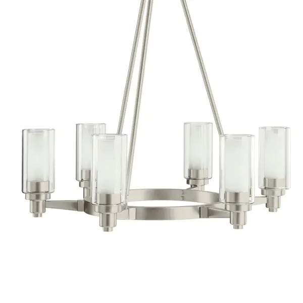 The Circolo Chandelier combines transitional styling with clear glass shades and brushed nickel finish. At 26 inches in diameter, it provides substantial presence while maintaining versatility across various interior styles. - alternate view