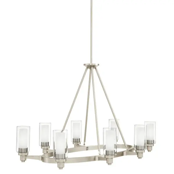 The Circolo Chandelier combines classic elegance with contemporary styling. Its 8-light configuration and clear glass shades provide ample illumination, while the brushed nickel finish adds sophisticated versatility to any space.