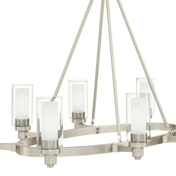 The Circolo Chandelier combines classic elegance with contemporary styling. Its 8-light configuration and clear glass shades provide ample illumination, while the brushed nickel finish adds sophisticated versatility to any space. - alternate view