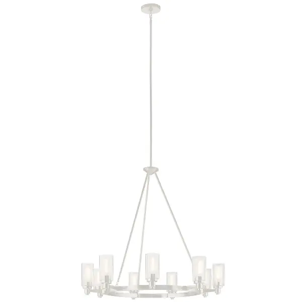The Circolo chandelier makes a bold statement with its 36-inch diameter and 9 lights, perfect for large dining rooms and grand foyers. Clear glass shades and brushed nickel finish create a versatile transitional look. - alternate view
