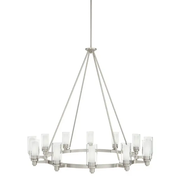 The Circolo chandelier makes a dramatic statement with its impressive 44.5-inch diameter and 12 lights. Clear glass shades and brushed nickel finish create a sophisticated look that bridges traditional and contemporary styles.