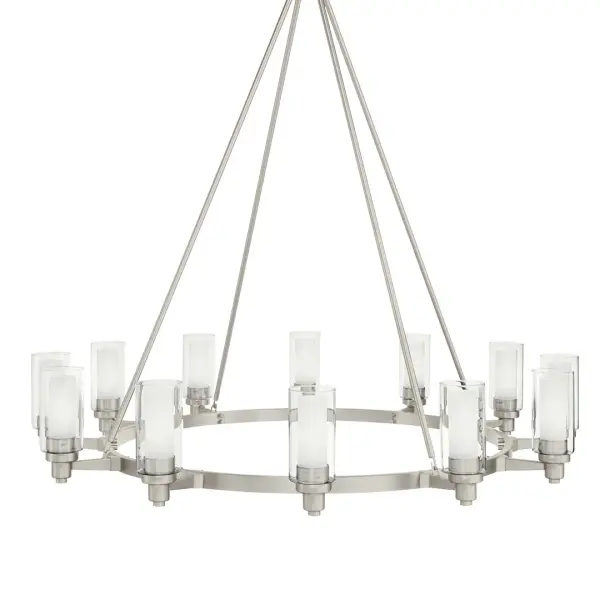 The Circolo chandelier makes a dramatic statement with its impressive 44.5-inch diameter and 12 lights. Clear glass shades and brushed nickel finish create a sophisticated look that bridges traditional and contemporary styles. - alternate view