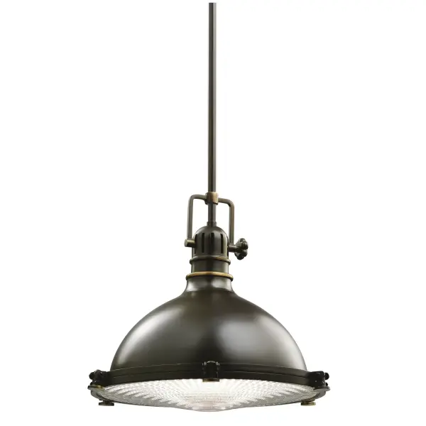 The Hatteras Bay 12" 1 light pendant features a classic industrial look with its Olde Bronze finish and clear fresnel lens. The Hatteras Bay pendant works in several aesthetic environments, including vintage industrial, traditional and transitional. Collection: Hatteras Bay Finish: Olde Bronze Glass: Clear Fresnel Width: 13.25" Height: 12.00" Weight: 7.80 lb Chain: Olde Bronze/Polished Nickel Wire: 120" Rod: 36" Canopy: 5.00 DIA Number of Bulbs: 1 Maximum Wattage: 150.00 W Bulb Type: A21 Bulb Base: E26 Medium Light Source: Incandescent Dimmable Voltage: 120.00 V Light Kit: N Material: Steel Country of Origin: CN Safety Listing: cETLus Safety Rating: Dry Manufacturer Warranty: One (1) year from the date of purchase