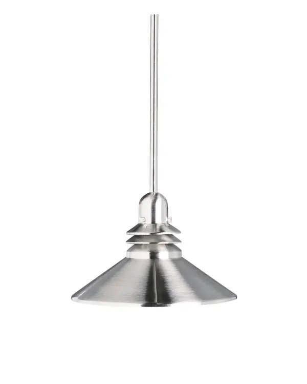 The Grenoble mini pendant delivers contemporary style with universal appeal through its cone-shaped brushed nickel shade. Its compact 11-inch diameter and powerful 150-watt capacity make it ideal for targeted lighting in smaller spaces.