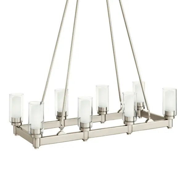 The Circolo 8-Light Linear Chandelier combines clean contemporary lines with classic clear glass shades. Its 36-inch linear profile makes it perfect for dining tables and kitchen islands, while the brushed nickel finish adds sophisticated style.