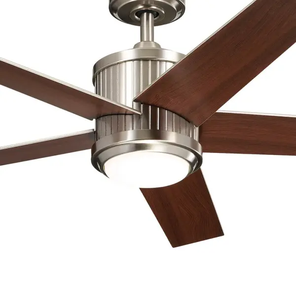 The Brahm ceiling fan combines Art Deco elegance with modern functionality. Its 48-inch span and brushed stainless steel finish deliver both style and efficient air circulation with integrated 3000K LED lighting. - alternate view