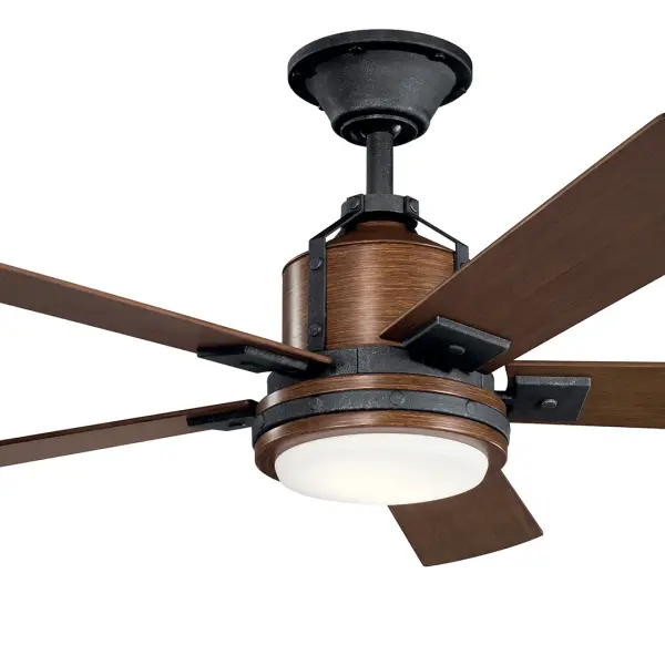 The Colerne combines rustic industrial design with modern efficiency. Its 52" span and distressed black finish make it ideal for medium to large spaces, while integrated 3000K LED lighting provides warm, dimmable illumination. - alternate view