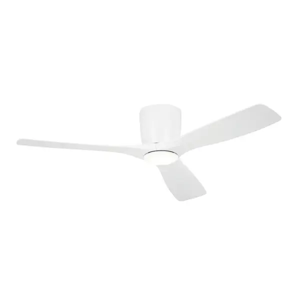 The Volos ceiling fan combines contemporary design with practical functionality, featuring a 54-inch blade span ideal for large rooms, integrated 3000K LED lighting, and dimmable controls in a clean matte white finish.