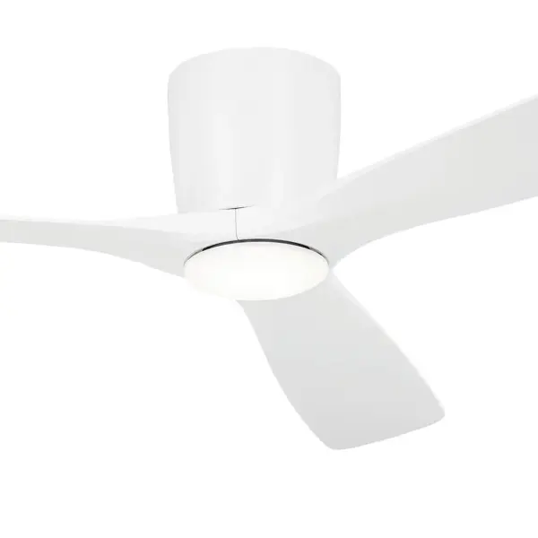 The Volos ceiling fan combines contemporary design with practical functionality, featuring a 54-inch blade span ideal for large rooms, integrated 3000K LED lighting, and dimmable controls in a clean matte white finish. - alternate view