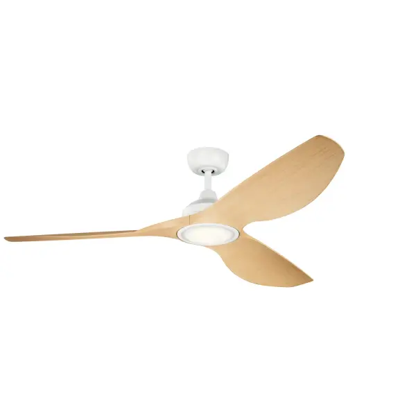The Imari combines exceptional airflow efficiency with substantial LED output in a sleek, propeller-inspired design. Its 65-inch blade span and 9,548 CFM airflow make it ideal for large rooms, while the integrated 2,200-lumen LED provides bright ambient lighting. The matte white finish and light oak blades create a clean, modern aesthetic that works in both residential and commercial settings.