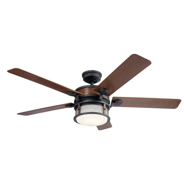 The Ahrendale 60" outdoor ceiling fan combines substantial airflow coverage with warm 3000K LED lighting. Its wet-rated construction and auburn wood finish make it ideal for covered outdoor spaces and large indoor rooms.