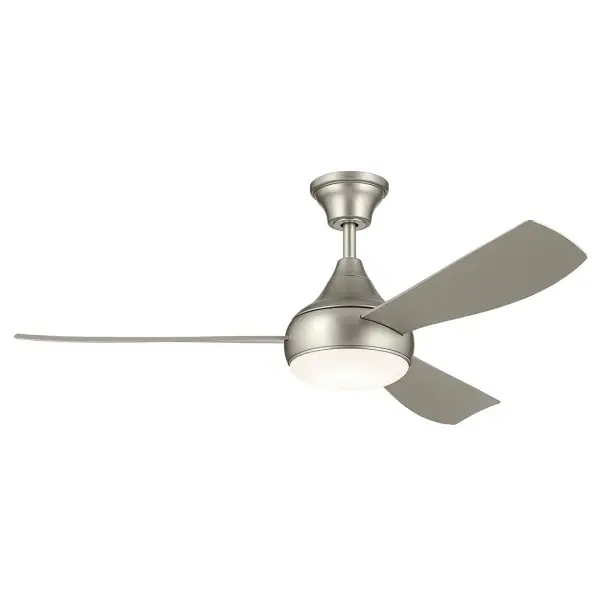 The Ample ceiling fan combines contemporary design with practical functionality, featuring a 54-inch span, integrated LED lighting with selectable color temperature (3000K-5000K), and damp location rating for versatile placement.