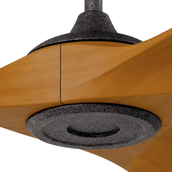 The Mylo combines industrial-farmhouse style with modern LED technology, featuring selectable CCT (3000K-5000K), DC motor efficiency, and damp-rated durability. Perfect for covered outdoor spaces or large indoor rooms. - alternate view