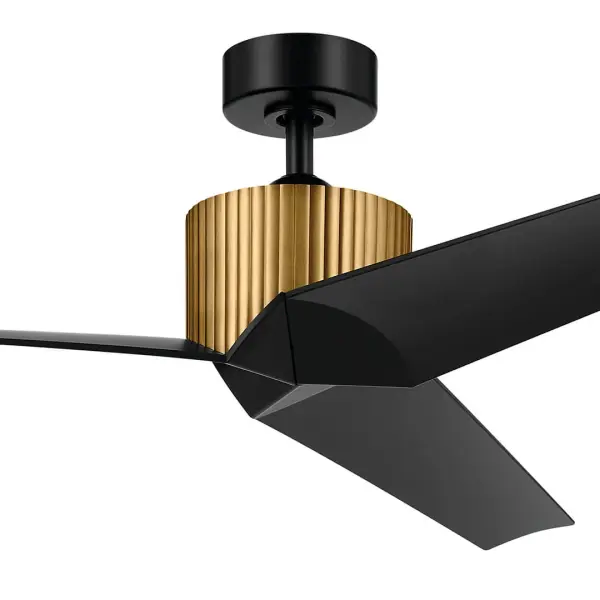 The Almere ceiling fan combines contemporary design with practical functionality. Its 56-inch span and distinctive natural brass and satin black finish make it ideal for larger spaces seeking both style and comfort. - alternate view