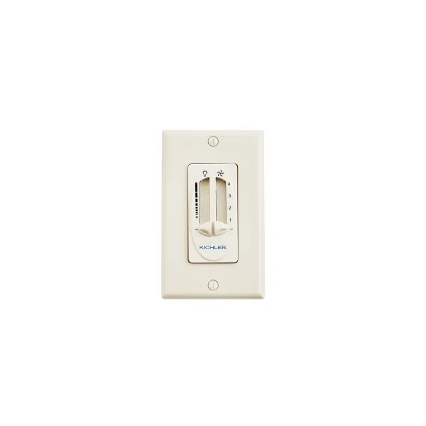 This wall-mounted control system provides convenient operation of ceiling fan speed and lighting functions. The compact almond finish design integrates seamlessly with standard wall plates for clean installation.